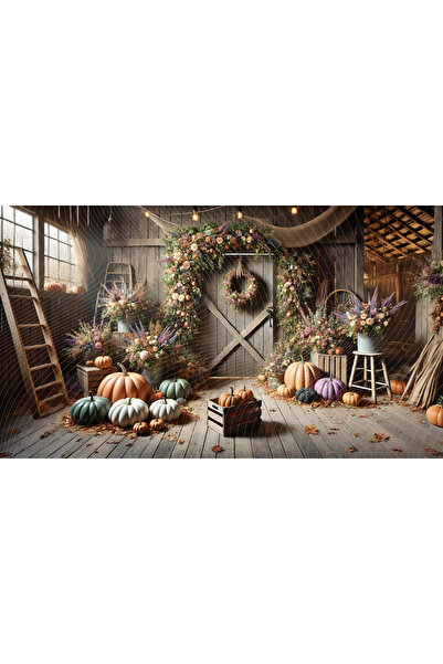 Venspor Rustik Çiçek ve Kabaklarla Süslenmiş Ahşap Kapı Önü Stüdyo Arka Planı, 200x150cm, Fotoğraf Fonu