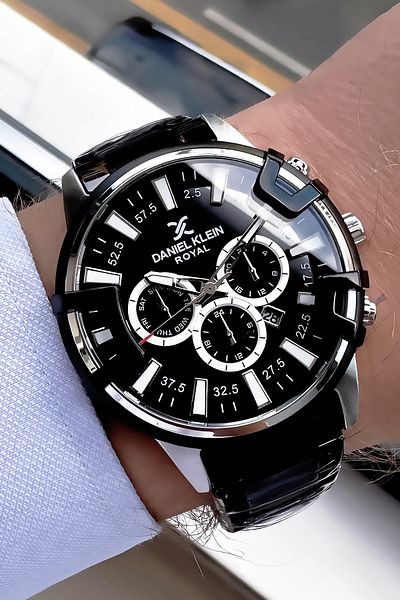 Daniel Klein Men's Wristwatch Platinum Plated 3 ATM Waterproof Black Color Steel Strap + Bracelet DKE2069C6