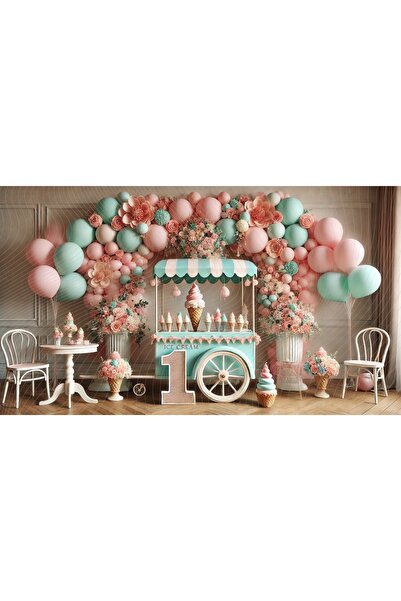Venspor Pastel Renkli Dondurma Standı ve Balonlarla Süslenmiş Parti Temalı St...