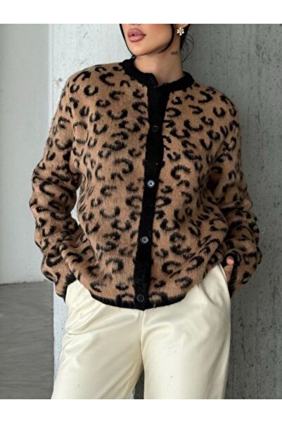 Modamorfo Raised Leopard Patterned Knitwear Cardigan