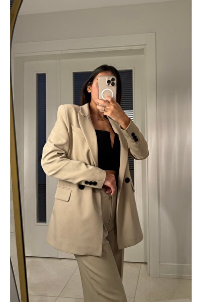 cn novembersun Kadın Bej Blazer Ceket Pantolon Takım