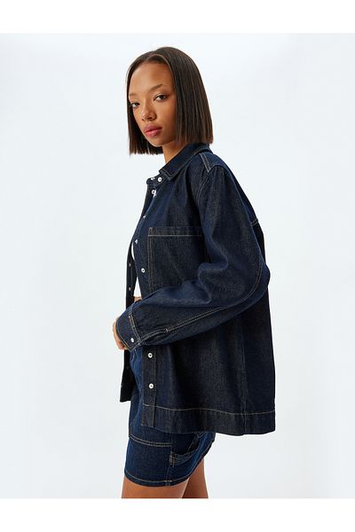 Koton Oversize Denim Shirt - Classic Neckline with Stitching Detail Pocket and Snap Button