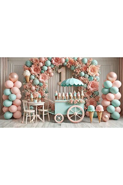 Venspor Pastel Renkli Dondurma Standı ve Balonlarla Süslenmiş Doğum Günü Tema...
