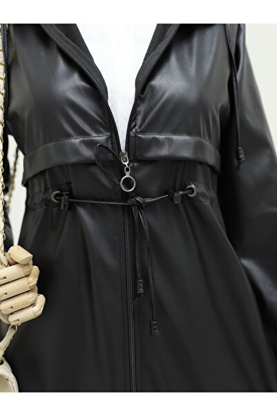 Modamorfo Tünel Bağcıklı Kapşonlu Fermuarlı Deri Kap -siyah