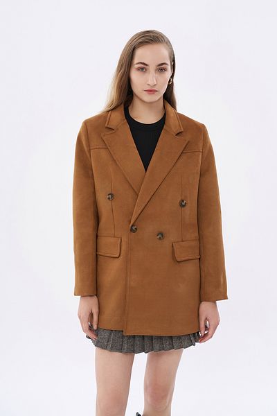Quzu Tan Suede Blazer - Double Breasted Collar Jacket