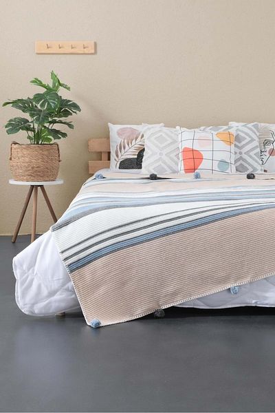 Romans Blue Blanket with Pompom Special Bag - 150X200 cm