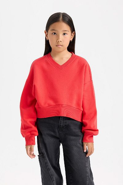DeFacto Kurz geschnittenes Basic-Sweatshirt mit V-Ausschnitt für Mädchen D7047A824WN