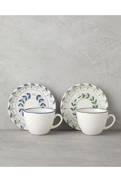 English Home Petally Bone Porcelain 4-Piece 2-Person Cup Set 220 ml Blue-Green