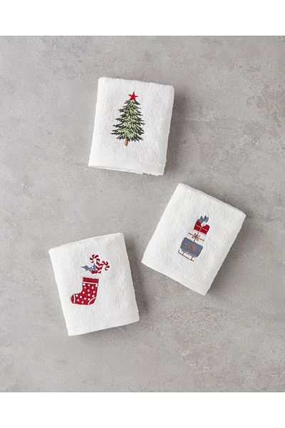 English Home Joyful Box - Set de 3 prosoape brodate din bumbac 30x50 cm Ecru