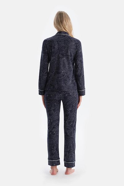 Dagi Set de pijama pantaloni cămașă modal din bumbac pieptănat cu model șal bleumarin