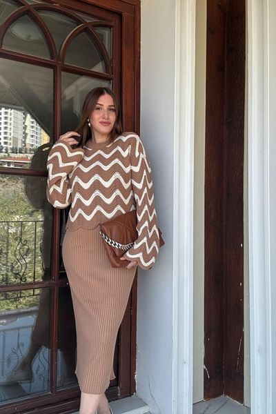 Tanos Patterned Blouse Dress Combination Knitwear Casual Double Set