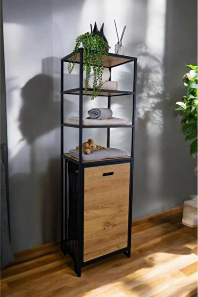 Digithome Metal Kirli Sepetli 4 Raflı Çok Amaçlı Banyo Düzenleyici Raf Organizer Siyah/atlantik Çam Mrs-009