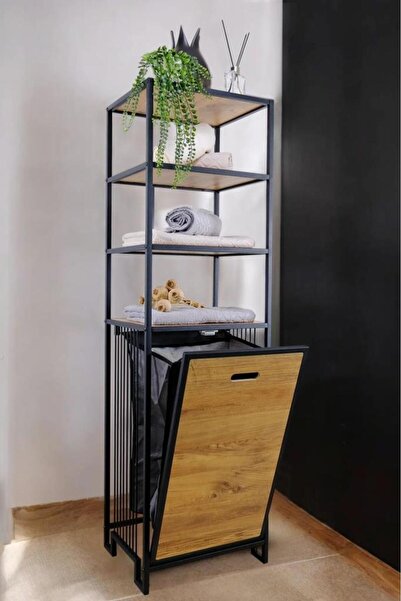 Digithome Metal Kirli Sepetli 4 Raflı Çok Amaçlı Banyo Düzenleyici Raf Organizer Siyah/atlantik Çam Mrs-009