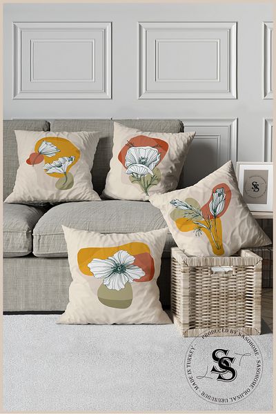 SasoHome Set de 4 huse de pernă imprimate digital cu model de flori albe pe fundal crem