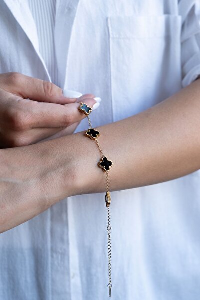 stainles steel 316 L Kararmaz Çelik Altın Rengi Kadın Siyah Yonca Detaylı Zin...