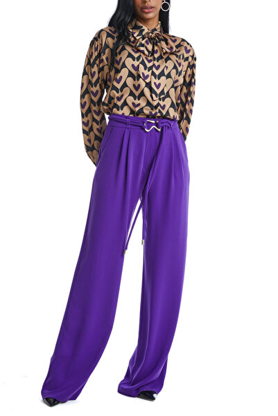 SERPİL Yüksek Bel Kuşaklı Pileli Bol Paça Mor Pantolon 38866