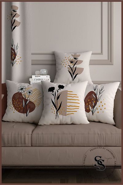 SasoHome Linii maro cu model flori de primăvară Set de 4 huse de pernă imprimate digital