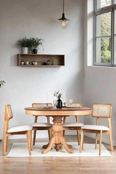 Woodenbend Ronya Natural Ahşap Hazeranlı Oval Açılır Masa Takımı 80x120 – 4 Sandalyeli 80x150