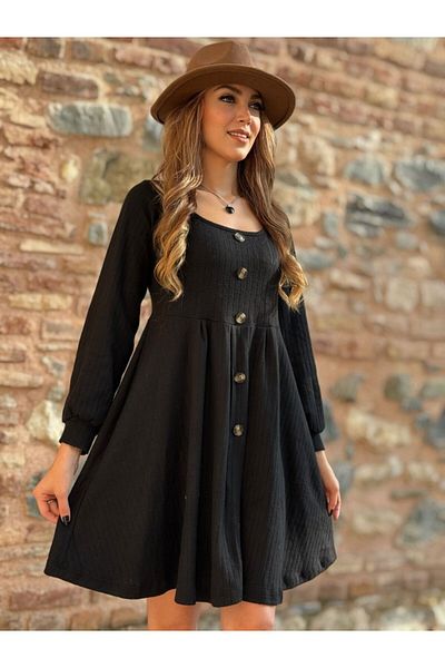 civetta Women's Long Sleeve Square Neck Front Buttoned Midi Shirred Camisole Dress