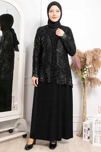 SUBU TASARIM İşleme Ve Dantel Detaylı Abiye Siyah TBS2313