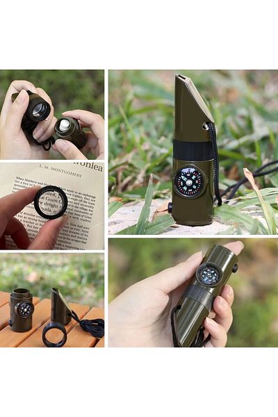 Ethab Ticaret 7Si in 1 Emergency Whistle,Flashlight, Thermometer,Compass,Magnifier,Camper Whistle with Storage Compartment