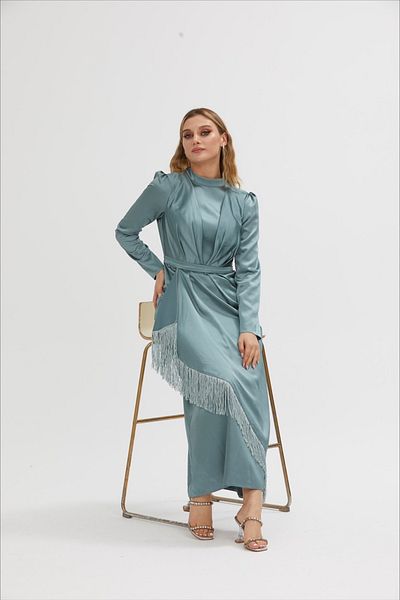 stillbiziz Rochie de seara din satin Hijab cu ciucuri PSL001