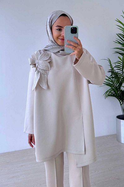 Ka Hijab Beige Floral Patterned Asymmetrical Scuba Hijab Set of 2
