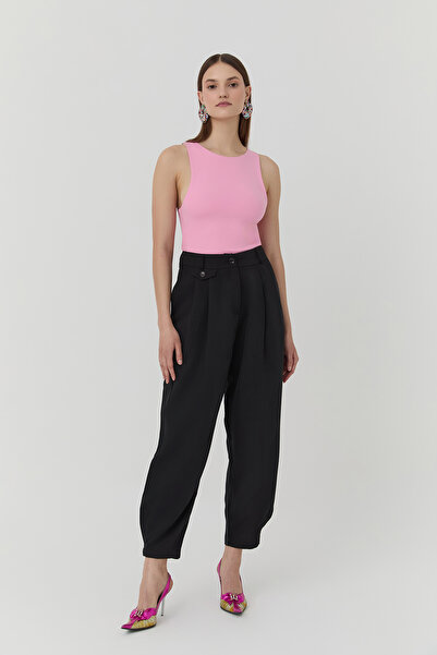 Quzu Button Detailed High Waist Trousers Black