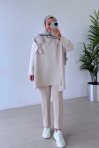 Ka Hijab Beige Floral Patterned Asymmetrical Scuba Hijab Set of 2