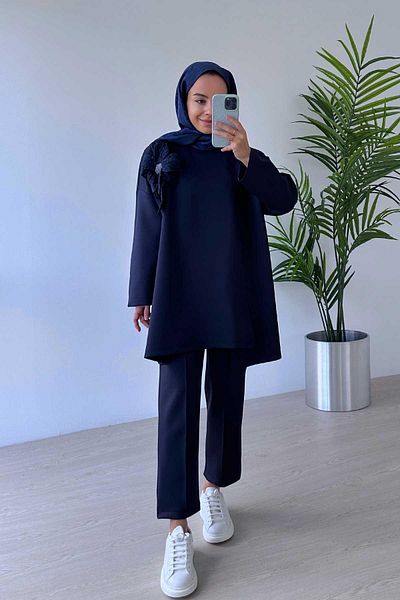 Ka Hijab Floral Asymmetrical Cut Scuba Set - Navy Blue