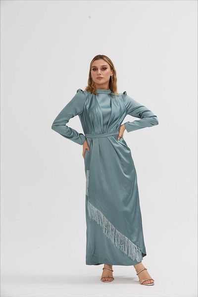 stillbiziz Rochie de seara din satin Hijab cu ciucuri PSL001