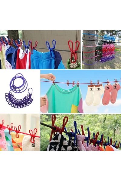 Ethab Ticaret Ethab ®   Portable Travel Clothesline 12 Pegs Elastic Clothes Pegs with Clips