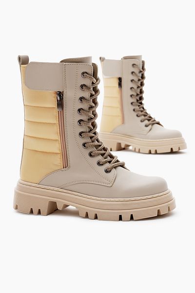 Tonny Black Μπεζ κεντημένες γυναικείες μπότες - Thermo Sole, Slice Pattern, Velcro Laced και φερμουάρ