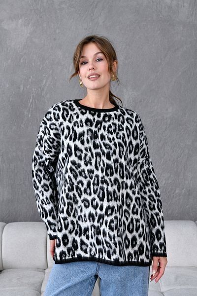 ZISHAN Pulover de damă, cu croiala largă și confortabilă, cu gâtul turn, cu model leopard, 003