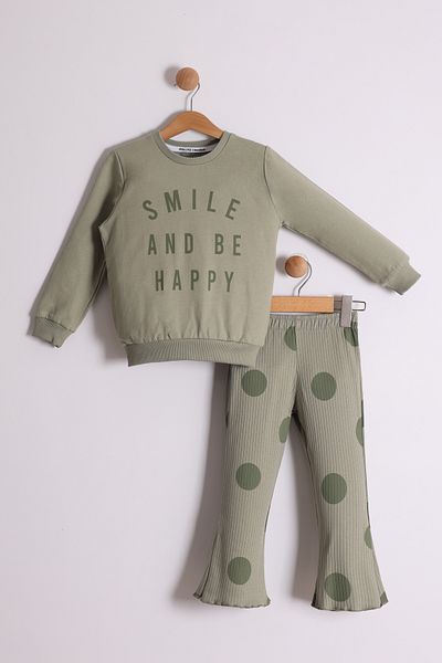 Pollito سويت شيرت مضلع بطبعة Smile And Be Happy للفتيات - طقم مكون من قطعتين