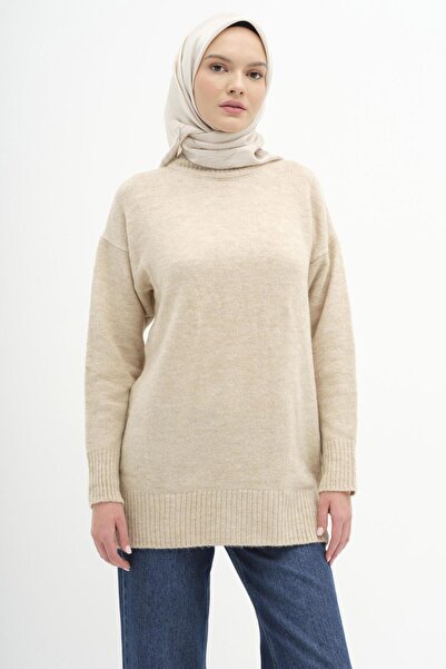 Tuğba Sıfır Yaka Triko Tunik - Taş