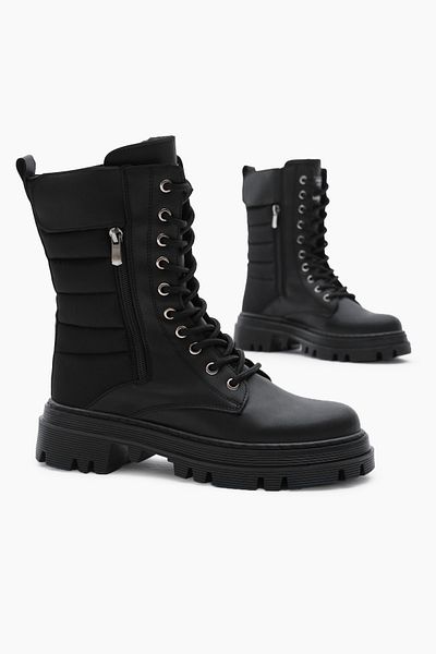 Tonny Black Γυναικείες μαύρες δερμάτινες μπότες Thermo Sole με κεντημένη φέτα με σχέδιο Velcro με κορδόνια και μπότες με φερμουάρ