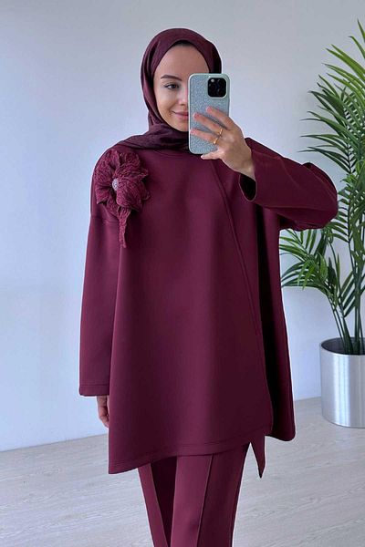 Ka Hijab Costum de scuba cu croială asimetrică florală - Roșu Claret