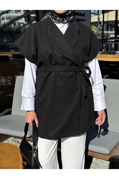 CHUL KISA KOLLU KEMERLİ BOMBER KAŞE CEKET - SİYAH - GENİŞ BEDEN ARALIĞI