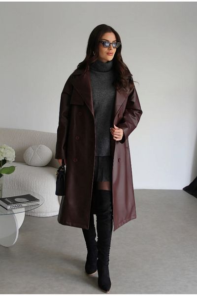 My Blog Burgundy Plato Faux Leather Buckle Trench Coat- 510108