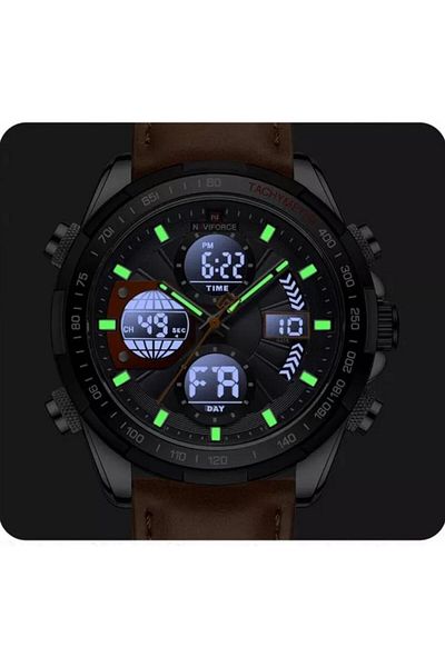 Naviforce Digital Analog Alarm Illuminated Tan Strap Men's Wristwatch