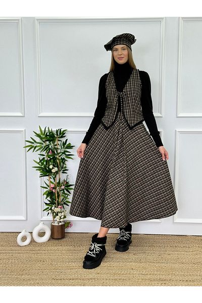 Moda Lippa Plaid Fur Detailed Brown Winter 2-Piece Set (Vest + Skirt)
