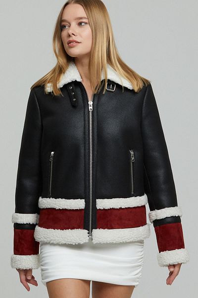 Derimod Valtellina Women's Black Plush Leather Jacket 21Wgd5939Ff