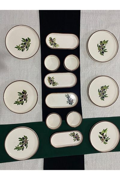 MTD SERAMİK Olive Pattern Luxury Breakfast Set 14 Items for 6