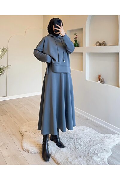 Esre Store 44112 - Scuba Kumaş Tesettür İkili Takım Gri