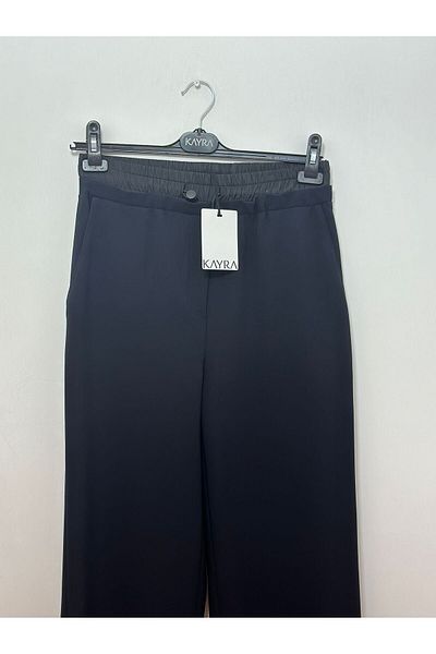 Kayra Elastic Waist Garnished Trousers Dark Navy