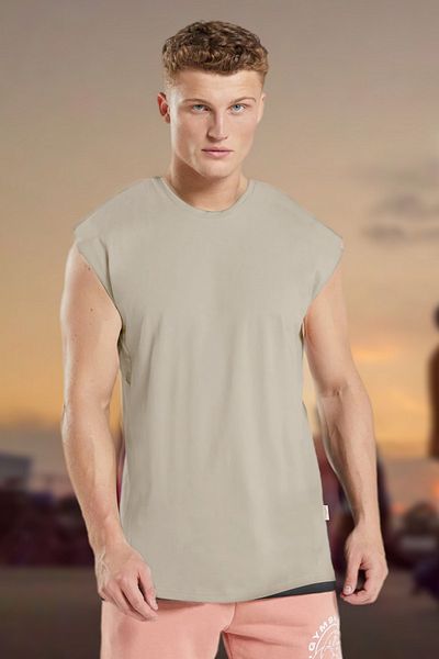 BESSA Men's Stone Oversize Crew Neck Cotton Sleeveless T-Shirt/Atlet