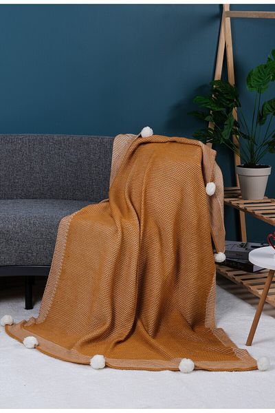 YGT Home Violet Knitwear Knitted Tv Blanket Mustard 10 Pompom 130X170 Leg Shawl-Seat Shawl and Decor