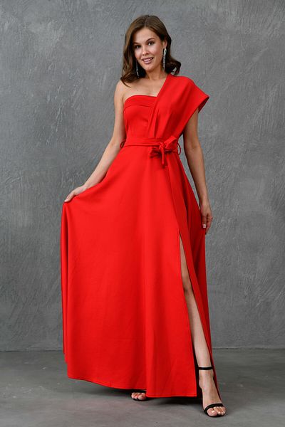 bayansepeti Women's Red Stretchy Diver Fabric One Shoulder Slit and Sash Maxi Evening Dress 582754