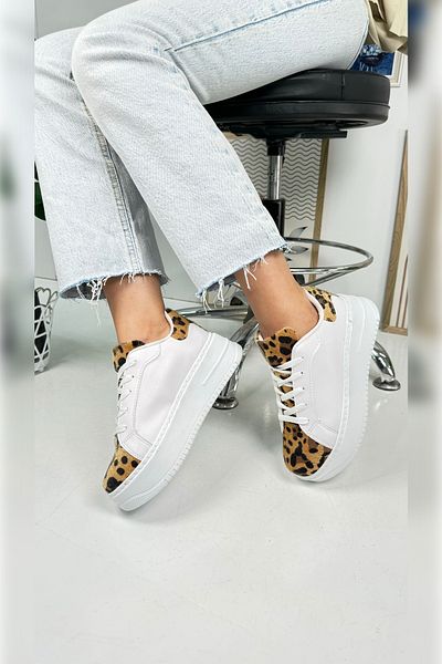İmerShoes Pantofi de damă cu imprimeu leopard alb - cu șireturi, talpă înaltă ușoară și groasă, pantofi sport pentru mers 065